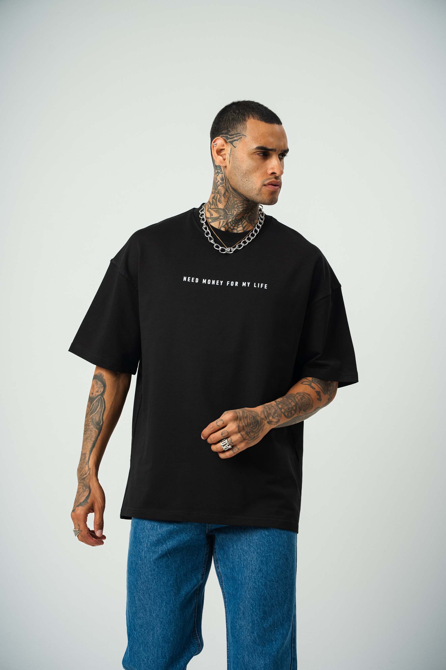 Need Money Pablo Escobar For Life Baskılı Siyah Oversize T-Shirt