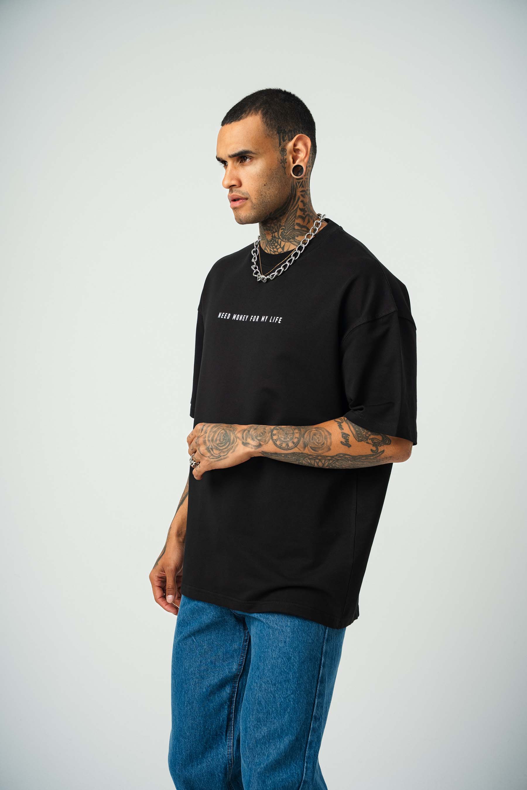 Need Money Pablo Escobar For Life Baskılı Siyah Oversize T-Shirt