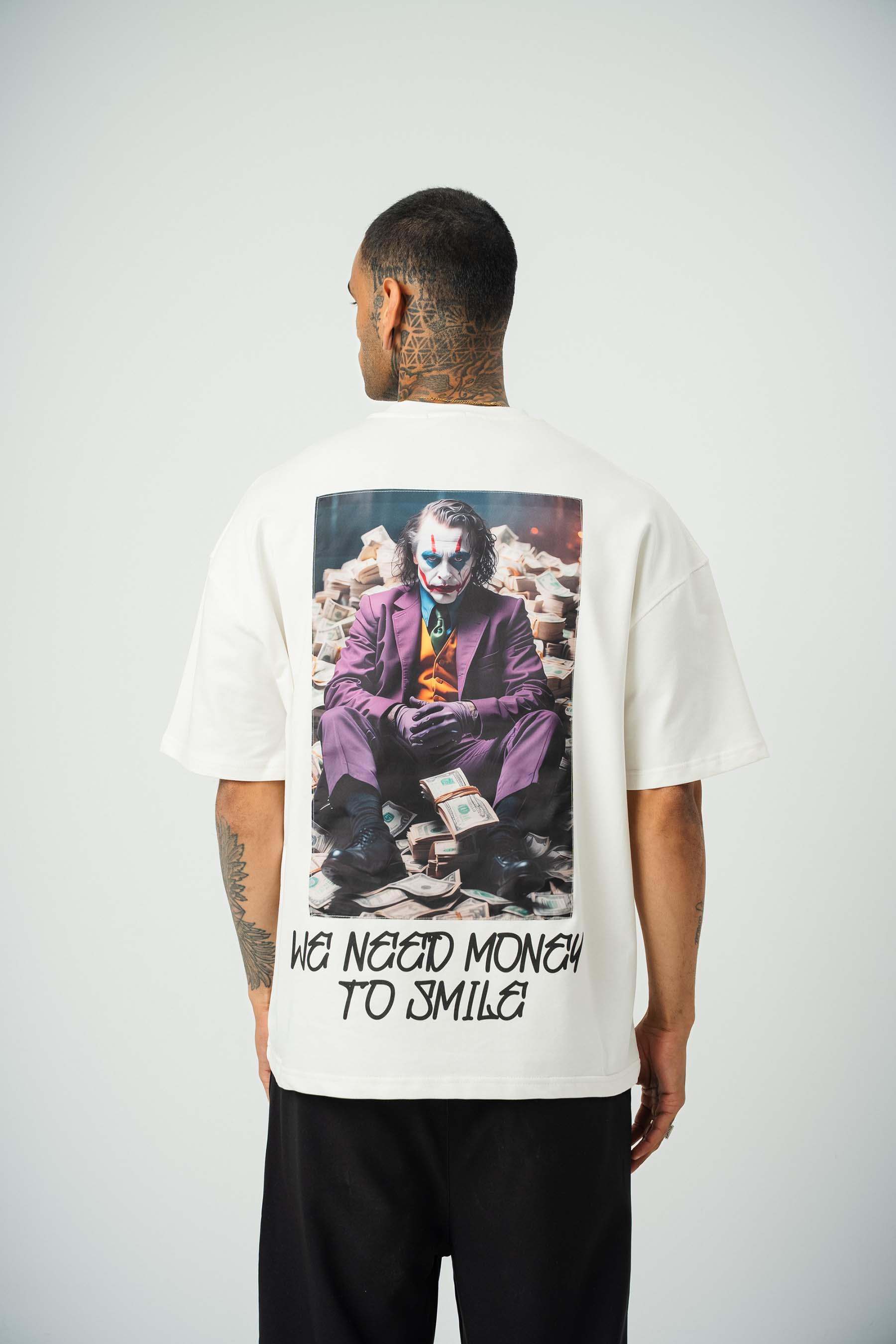 Need Money For Smile Joker Baskılı Beyaz Oversize T-Shirt