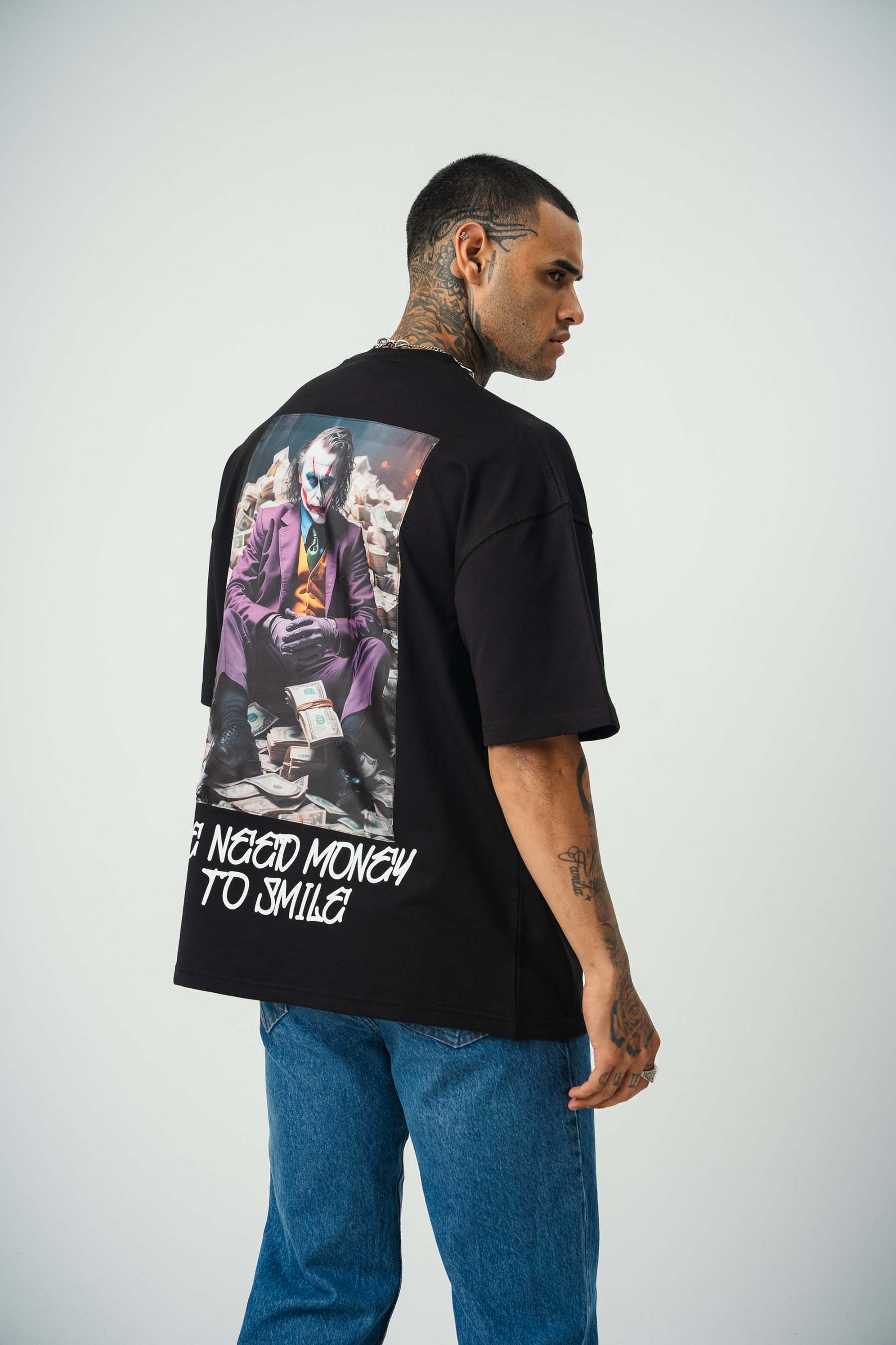 Need Money For Smile Joker Baskılı Siyah Oversize T-Shirt