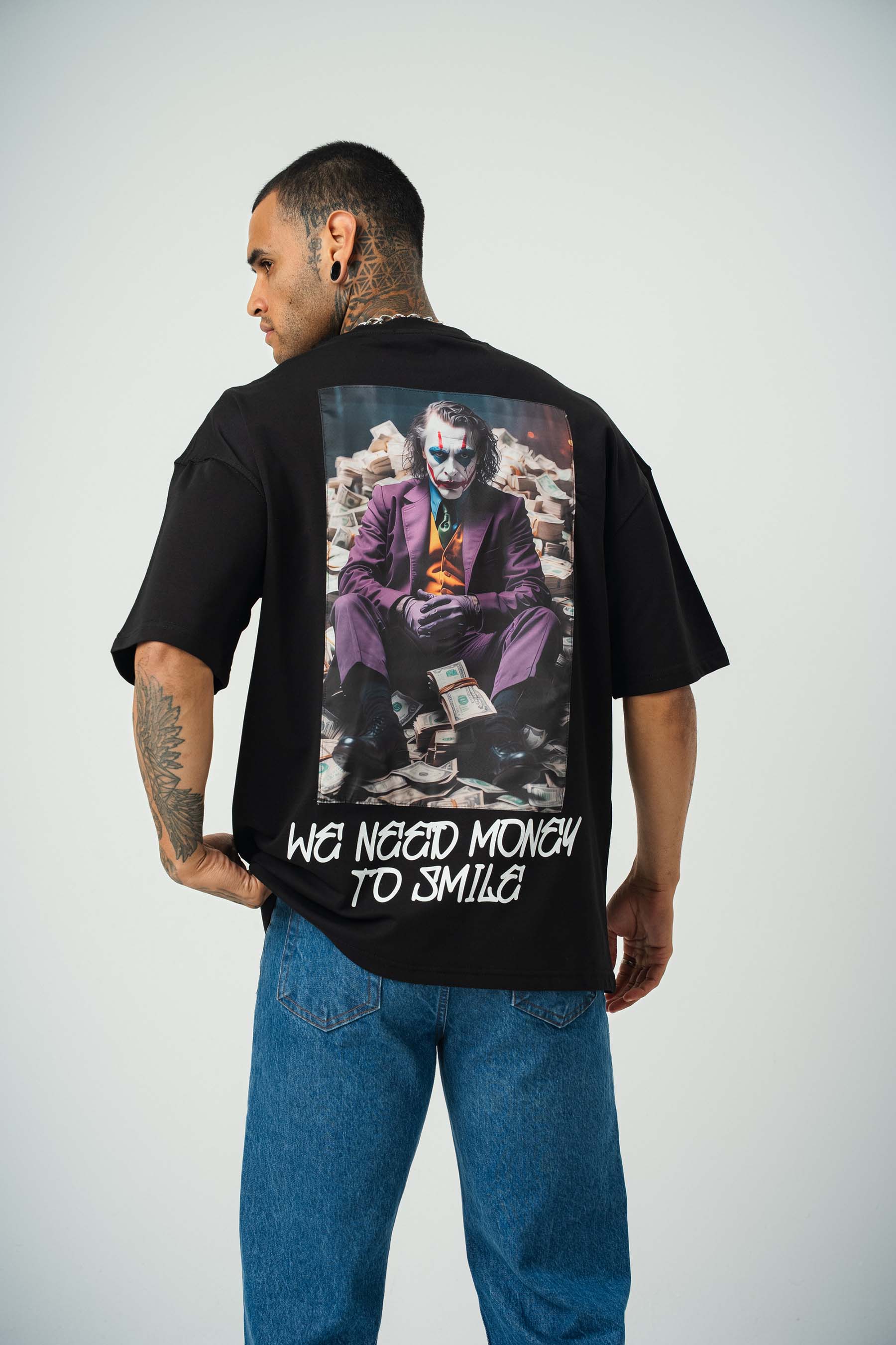 Need Money For Smile Joker Baskılı Siyah Oversize T-Shirt