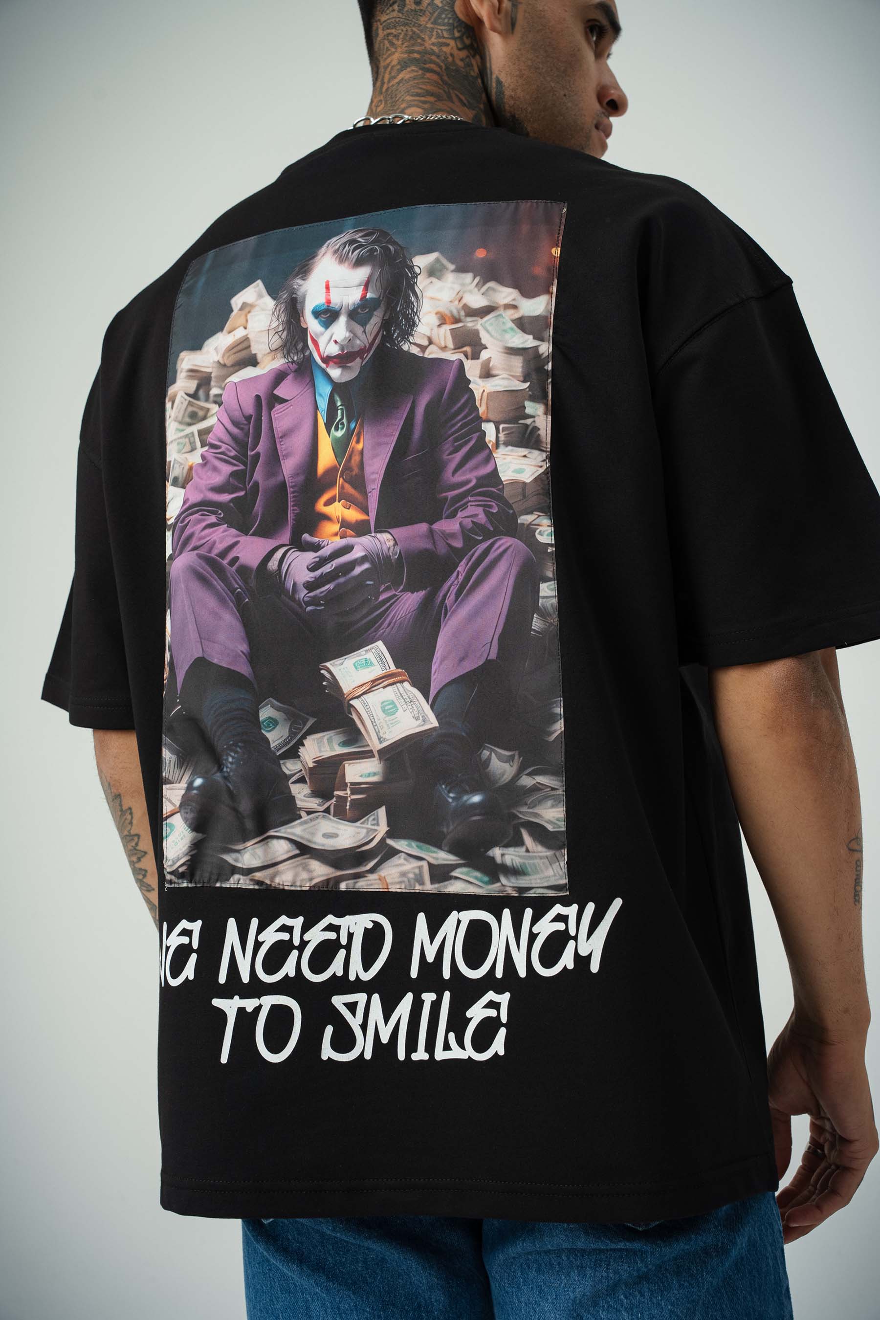 Need Money For Smile Joker Baskılı Siyah Oversize T-Shirt