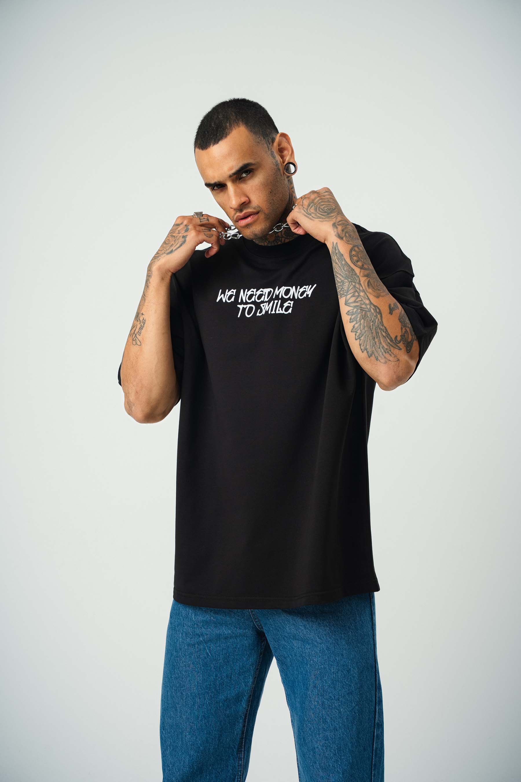 Need Money For Smile Joker Baskılı Siyah Oversize T-Shirt