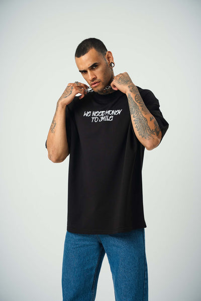 Need Money For Smile Joker Baskılı Siyah Oversize T-Shirt