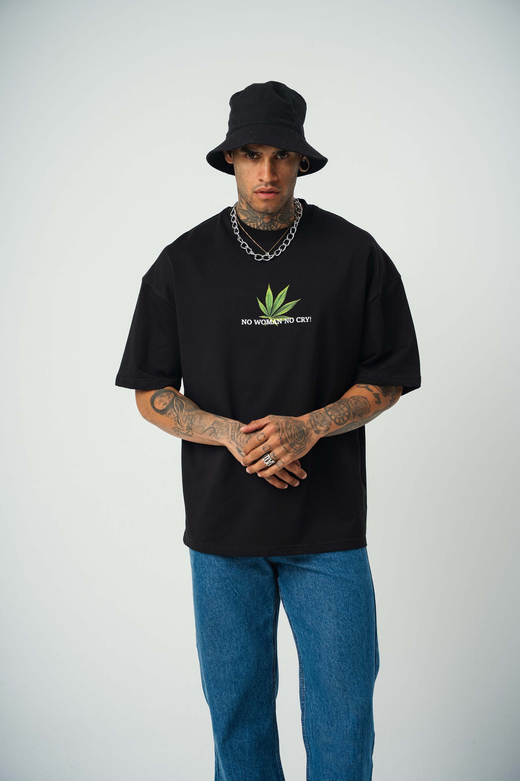 No Women No Cry Baskılı Siyah Oversize T-Shirt