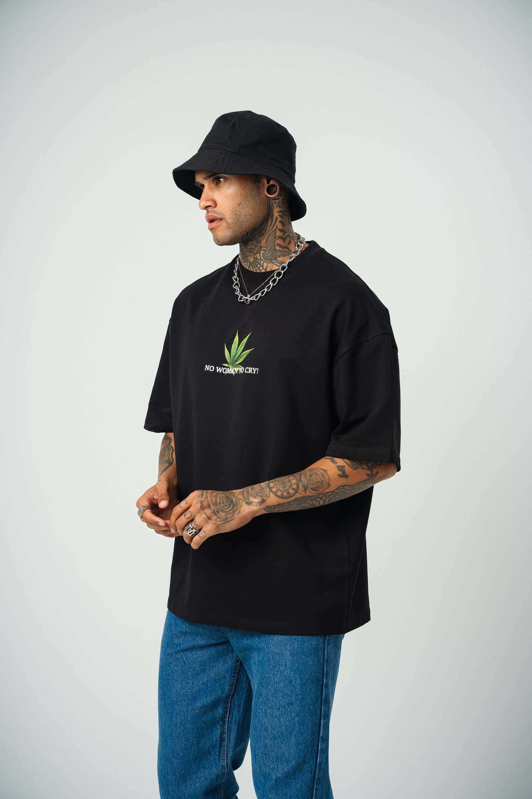 No Women No Cry Baskılı Siyah Oversize T-Shirt
