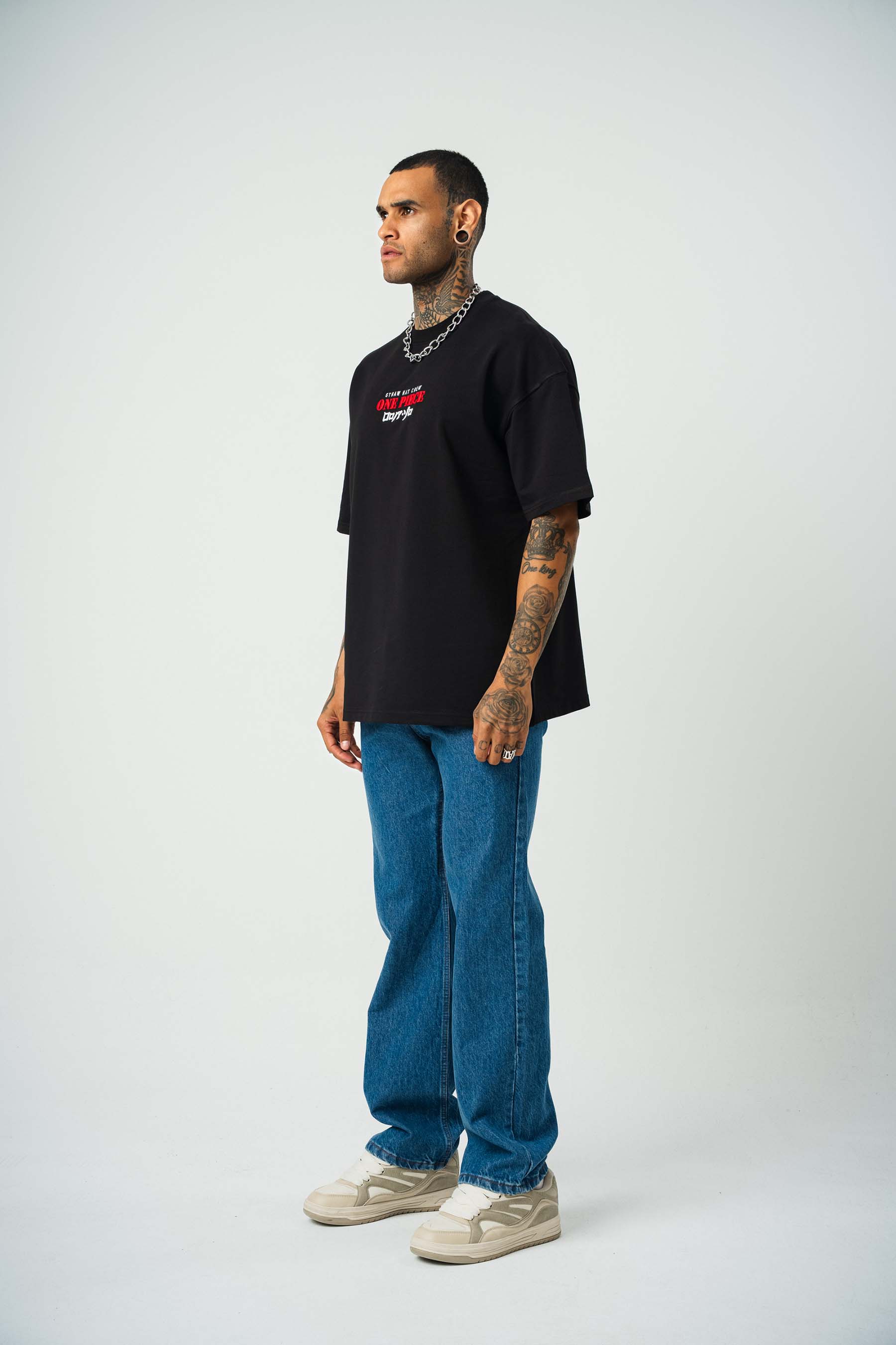 One Piece Baskılı Siyah Oversize T-Shirt