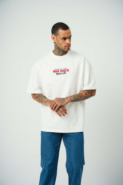 One Piece Baskılı Beyaz Oversize T-Shirt