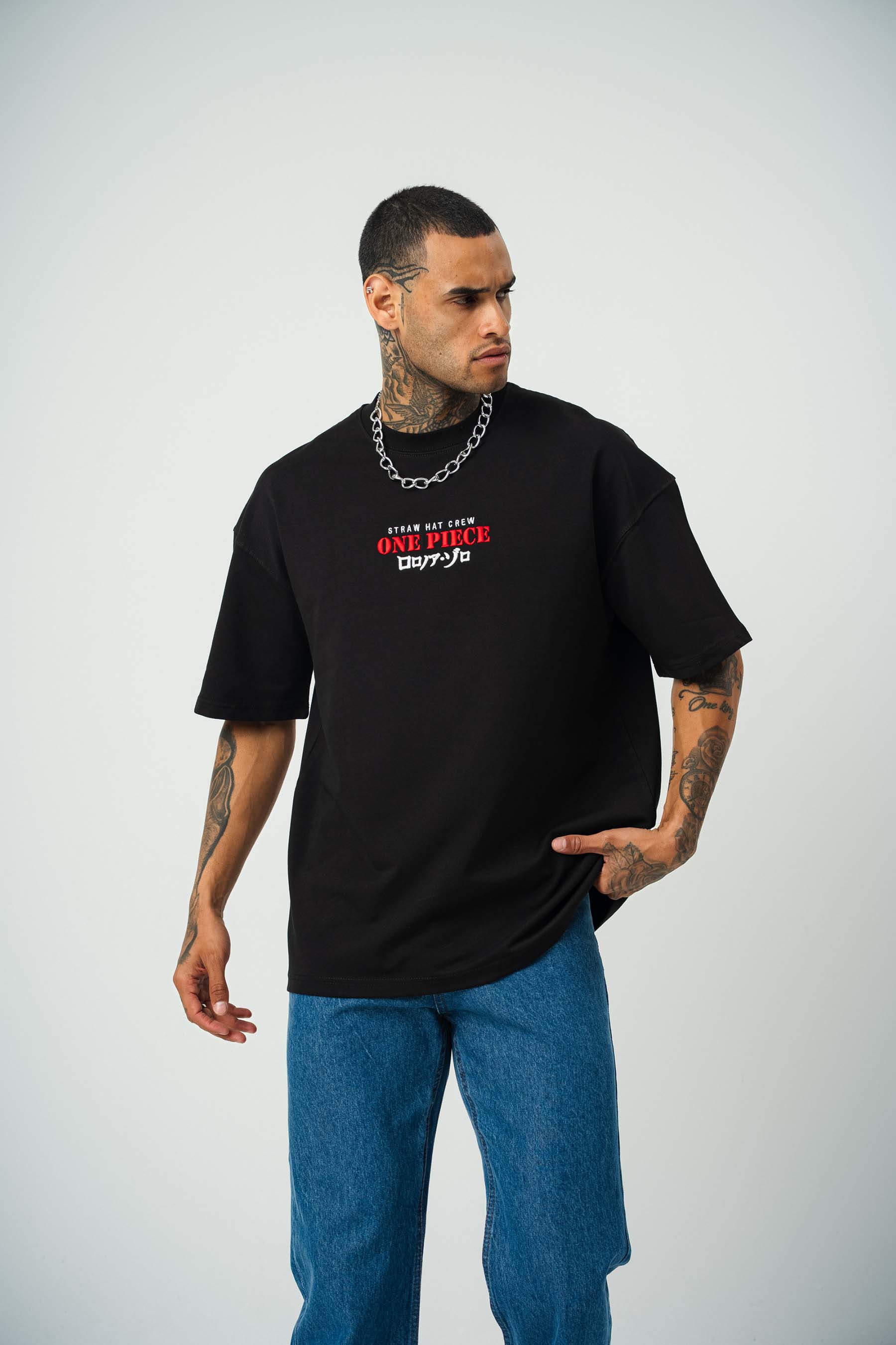 One Piece Baskılı Siyah Oversize T-Shirt