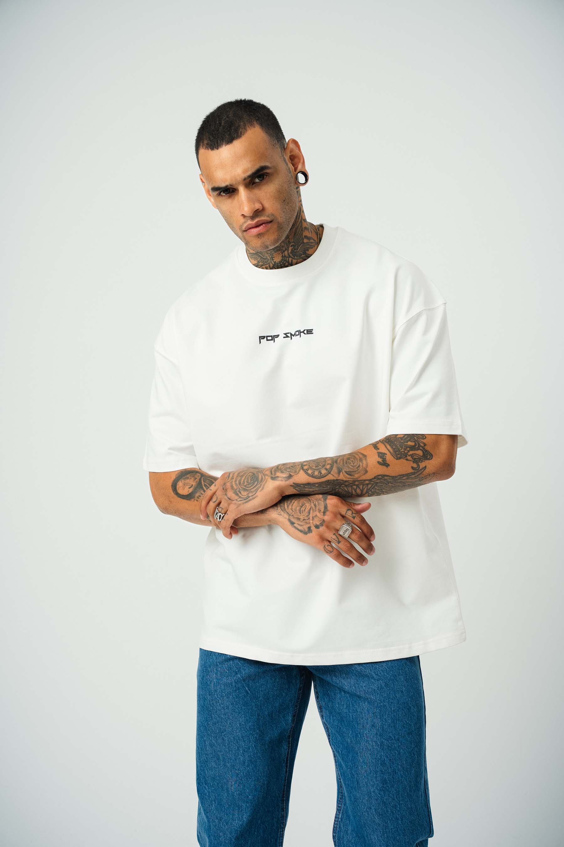 Pop Smoke Baskılı Beyaz Oversize T-Shirt