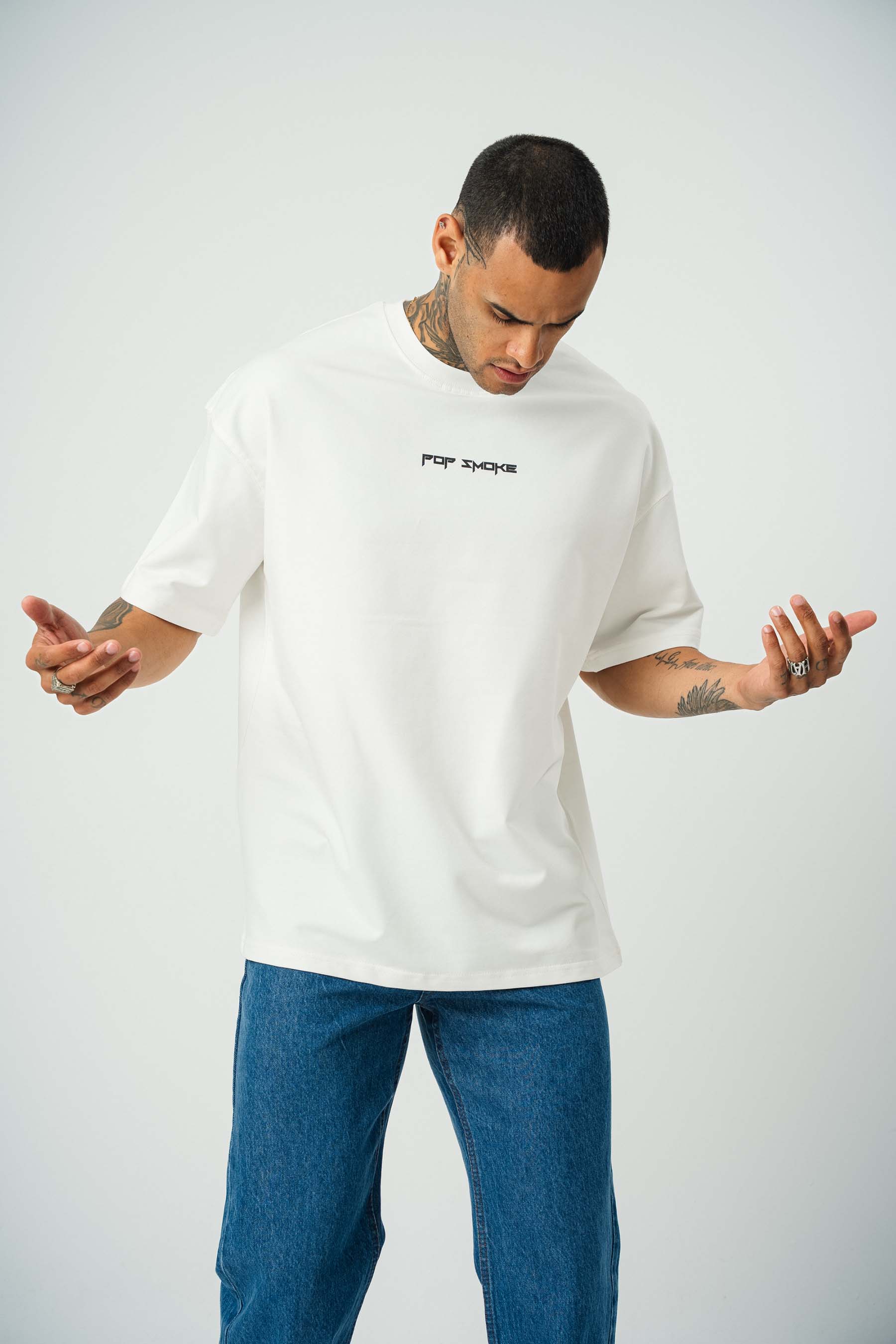 Pop Smoke Baskılı Beyaz Oversize T-Shirt