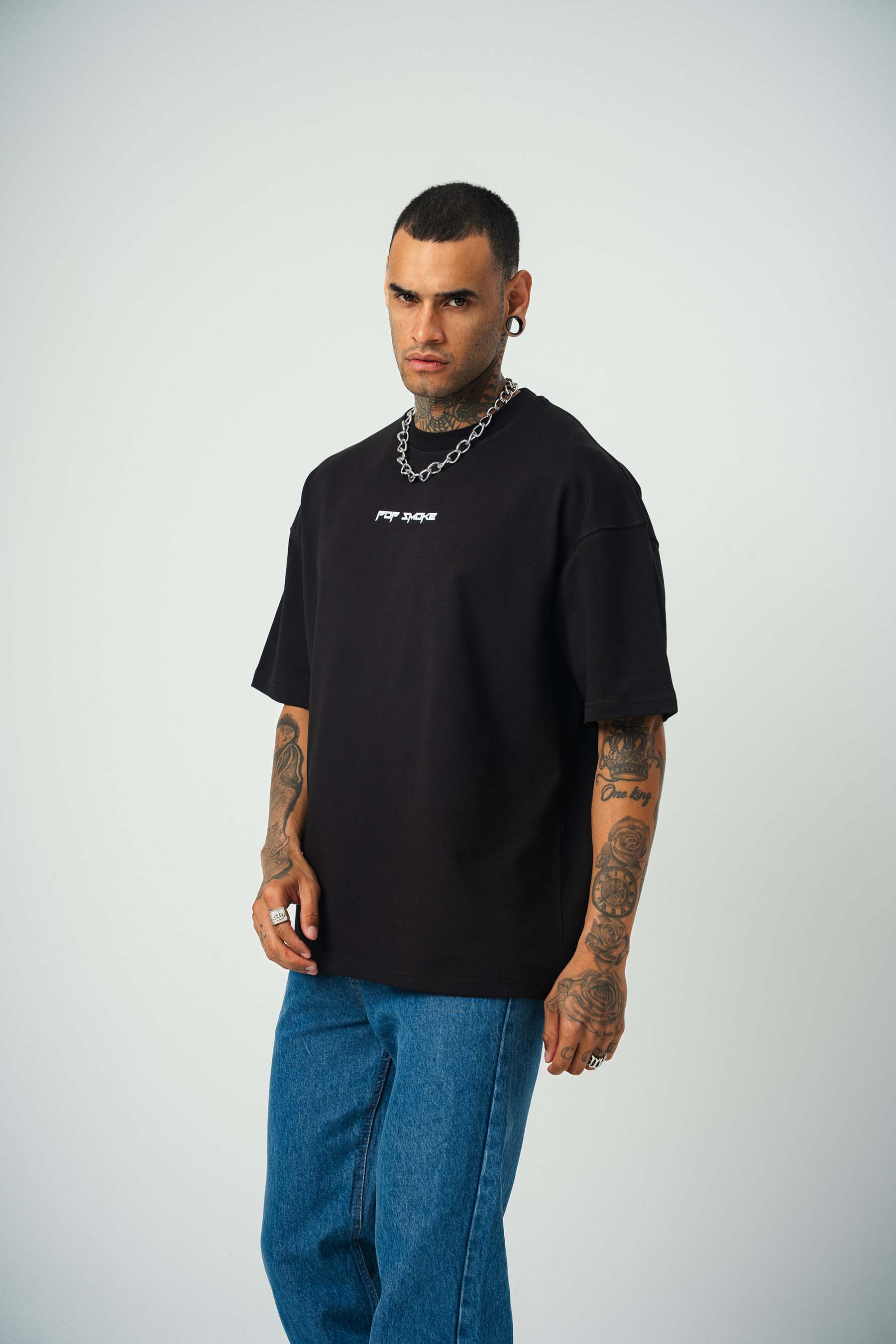 Pop Smoke Baskılı Siyah Oversize T-Shirt