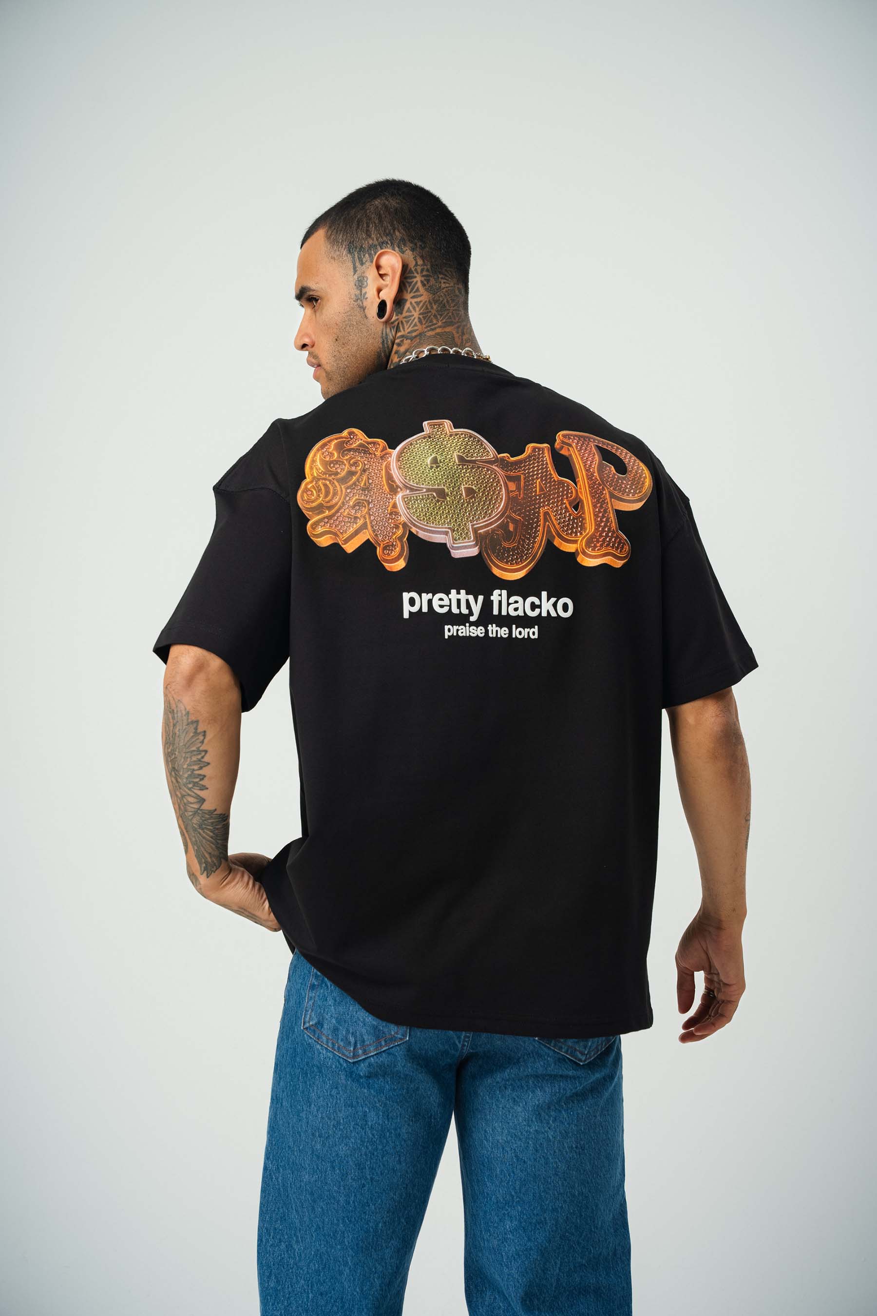 Asap Pretty Flecko Baskılı Siyah Oversize T-Shirt