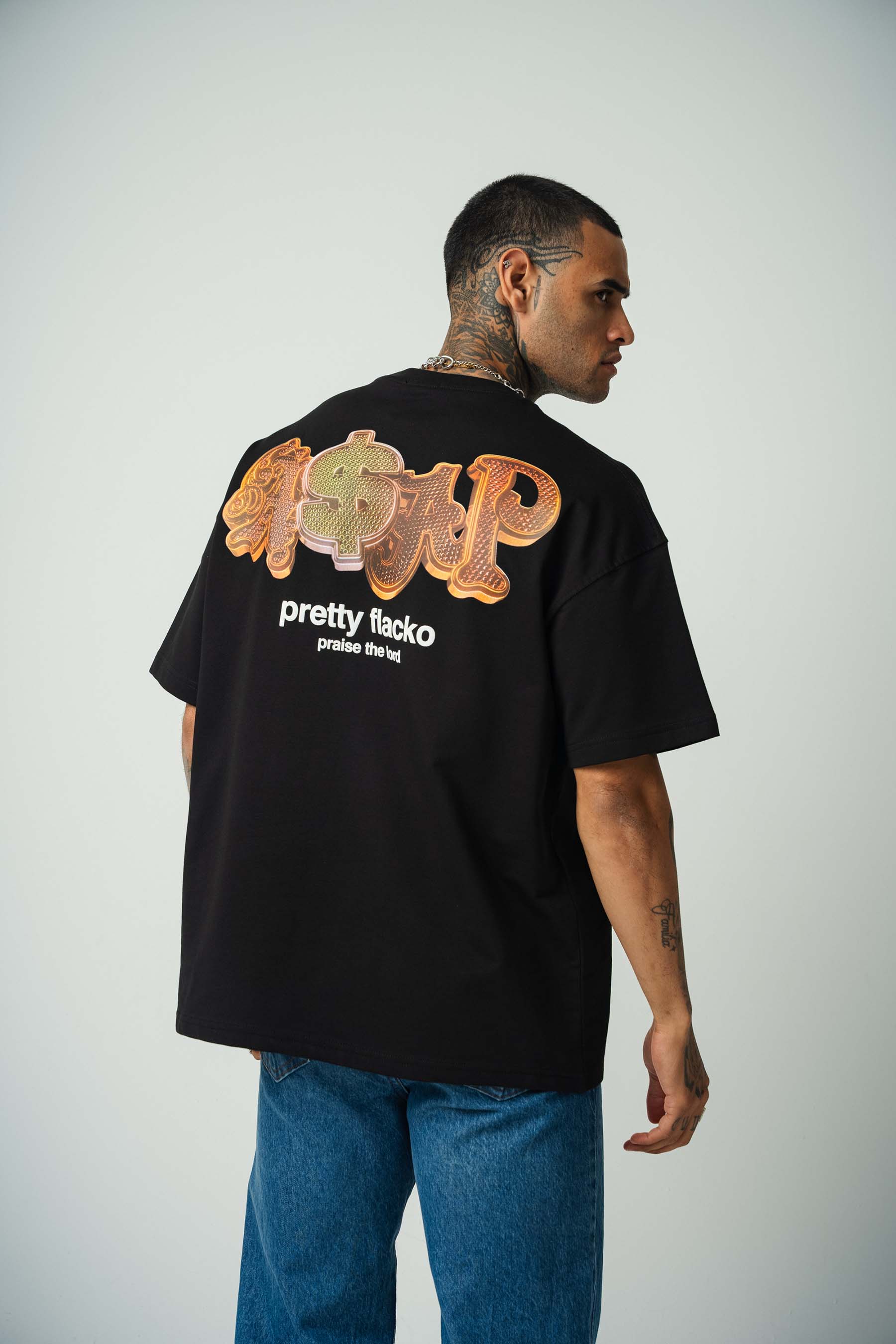 Asap Pretty Flecko Baskılı Siyah Oversize T-Shirt