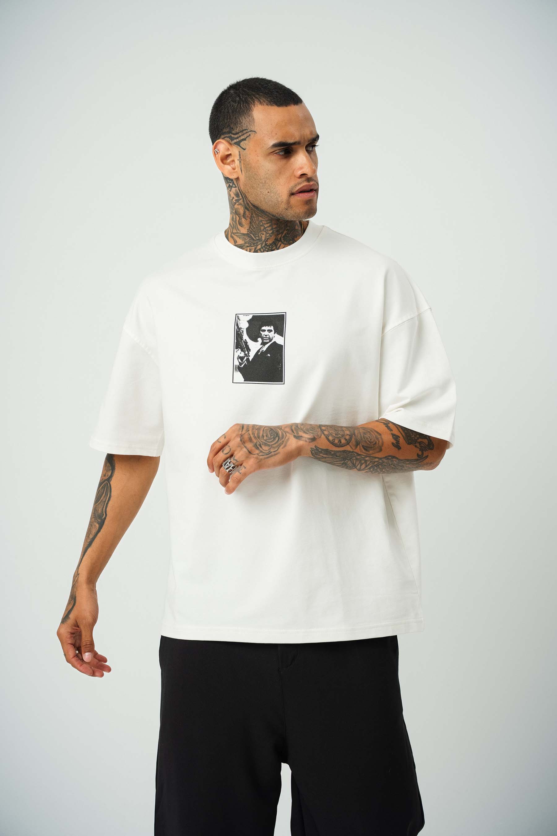 Scarface Baskılı Beyaz Oversize T-Shirt