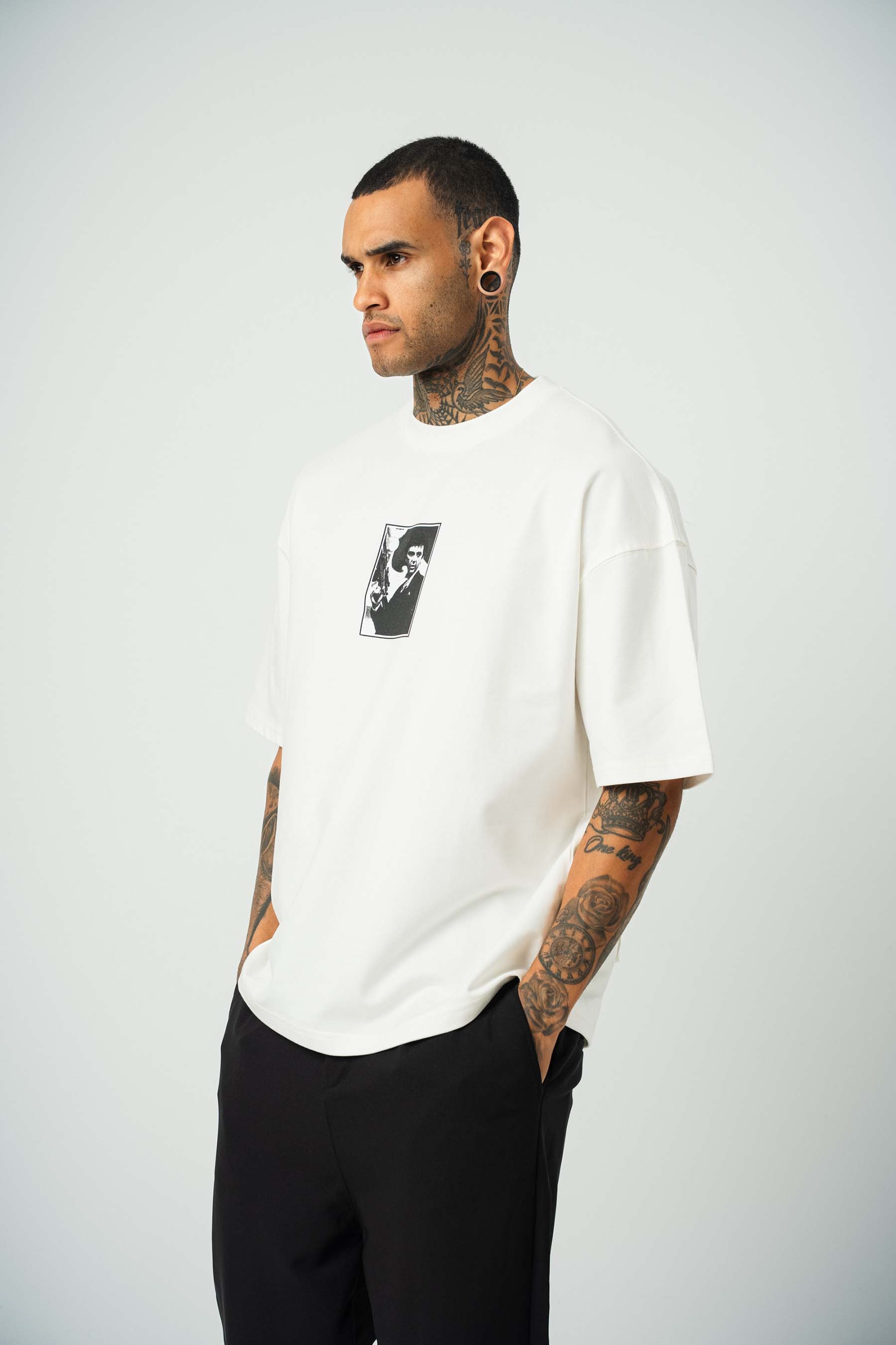 Scarface Baskılı Beyaz Oversize T-Shirt