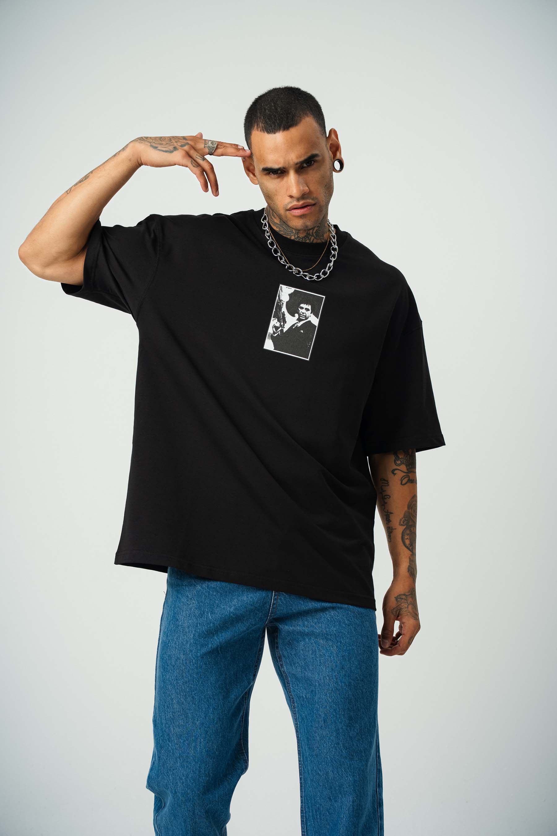 Scarface Baskılı Siyah Oversize T-Shirt