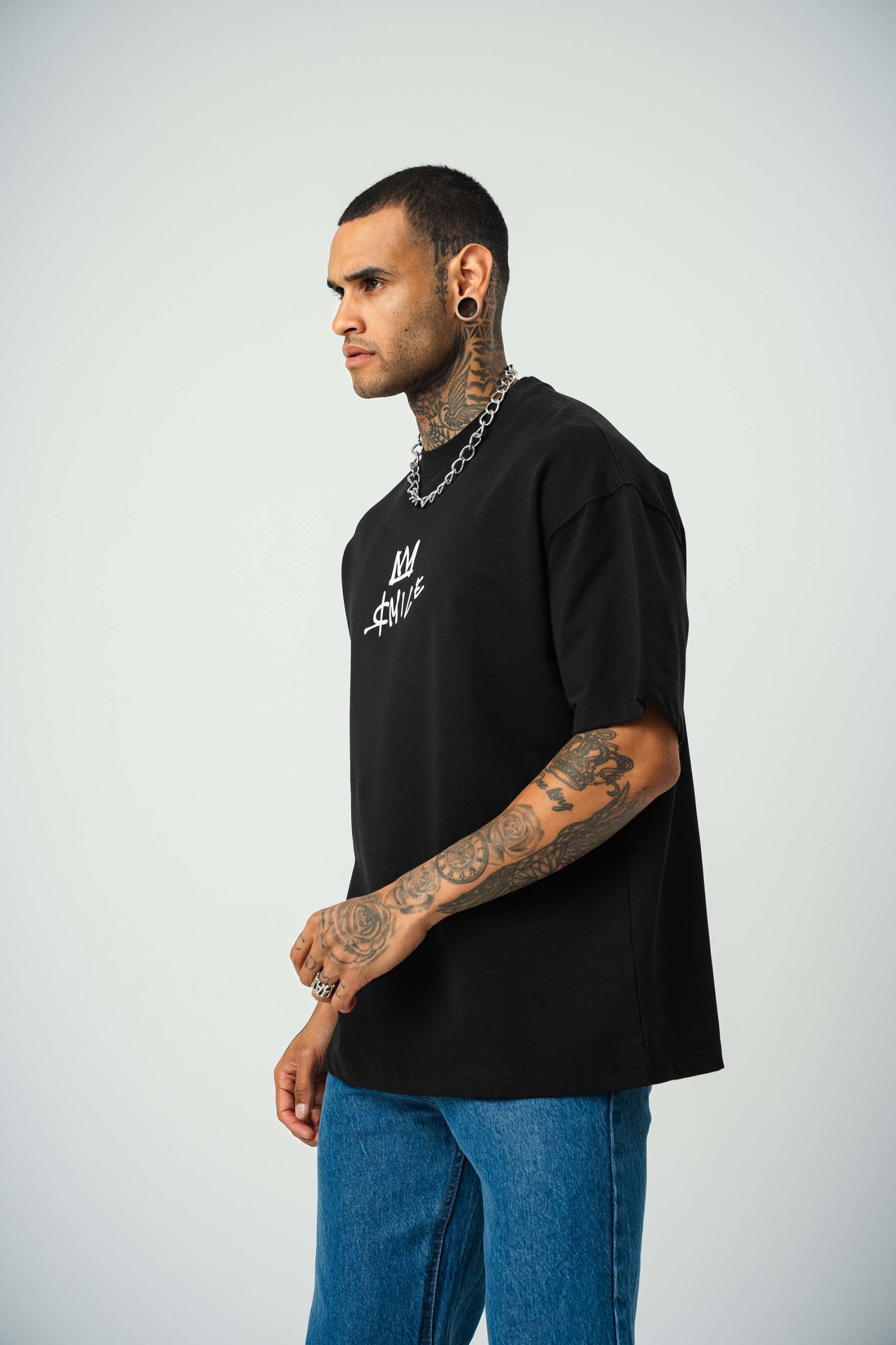Smile Mickey Baskılı Siyah Oversize T-Shirt