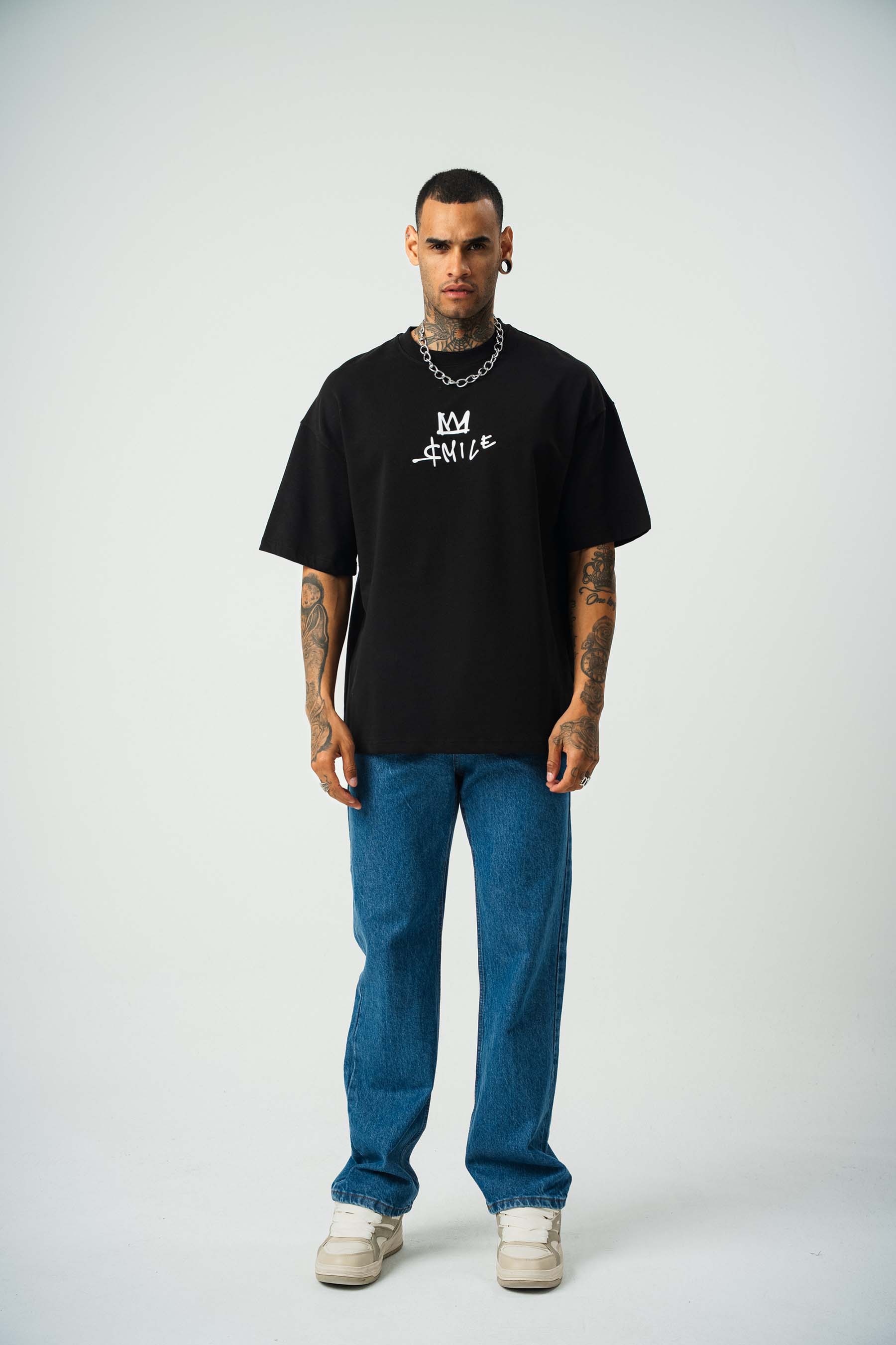 Smile Mickey Baskılı Siyah Oversize T-Shirt