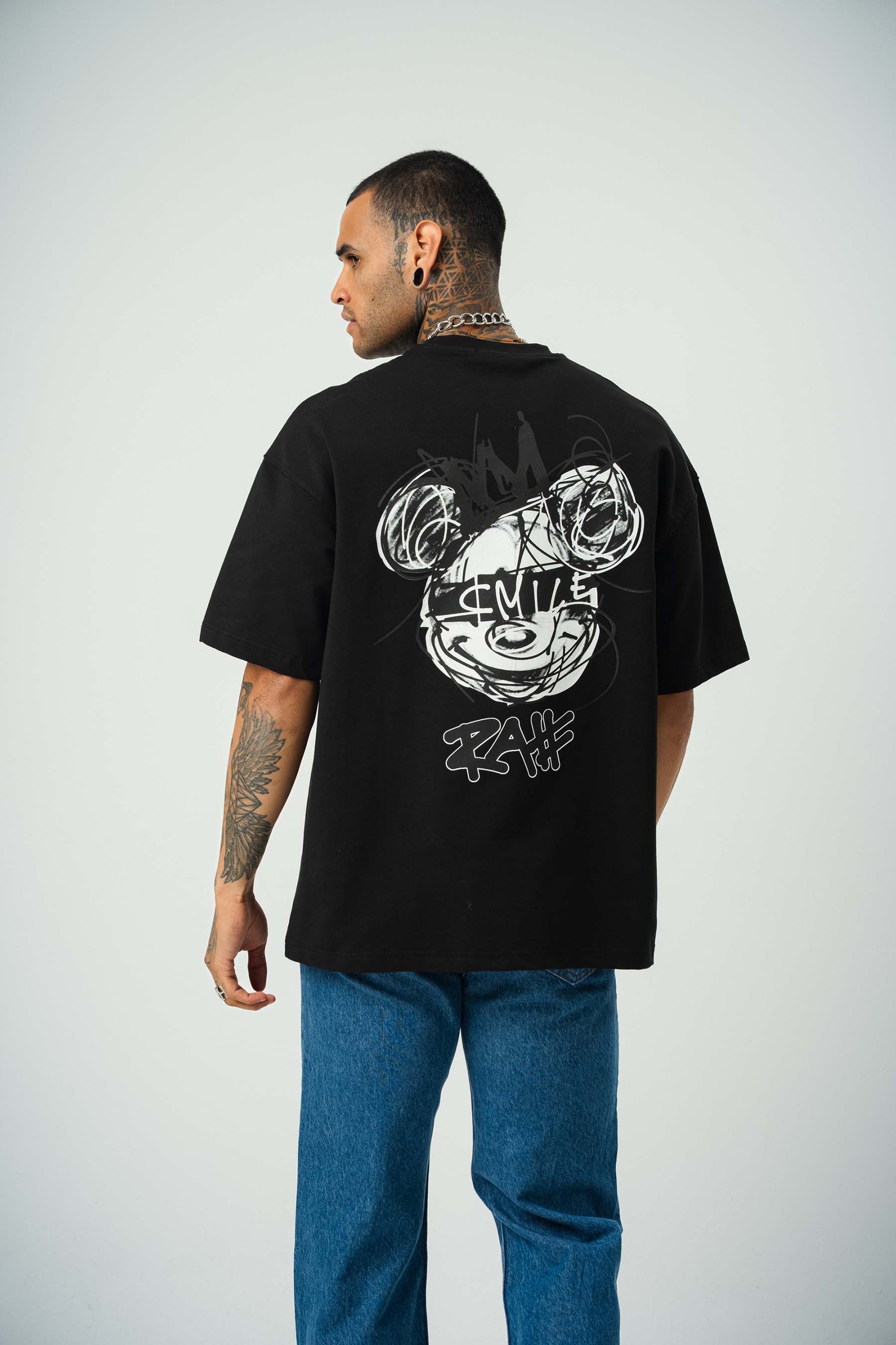 Smile Mickey Baskılı Siyah Oversize T-Shirt