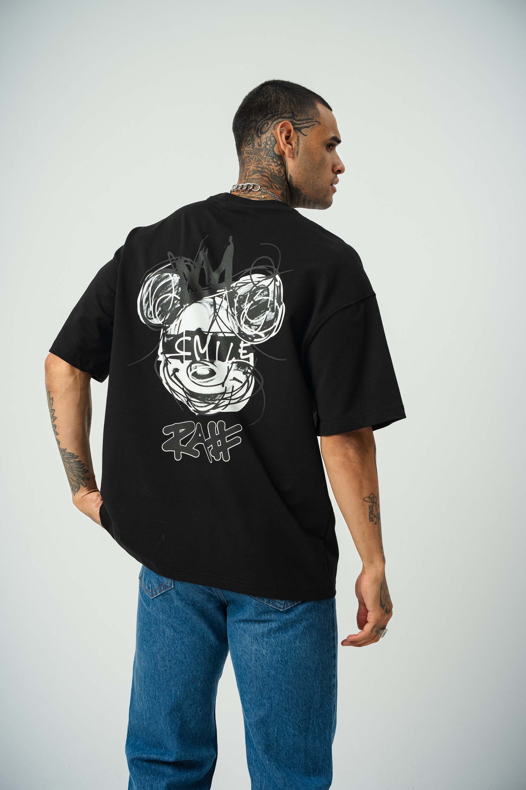 Smile Mickey Baskılı Siyah Oversize T-Shirt