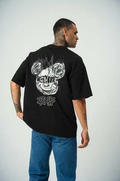 Smile Mickey Baskılı Siyah Oversize T-Shirt