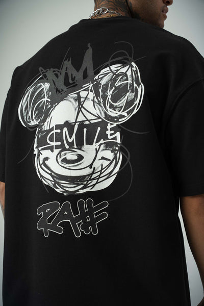 Smile Mickey Baskılı Siyah Oversize T-Shirt