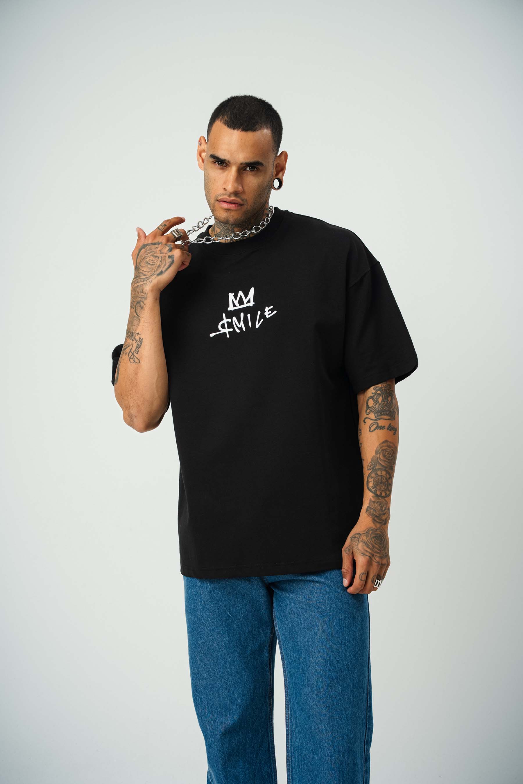 Smile Mickey Baskılı Siyah Oversize T-Shirt