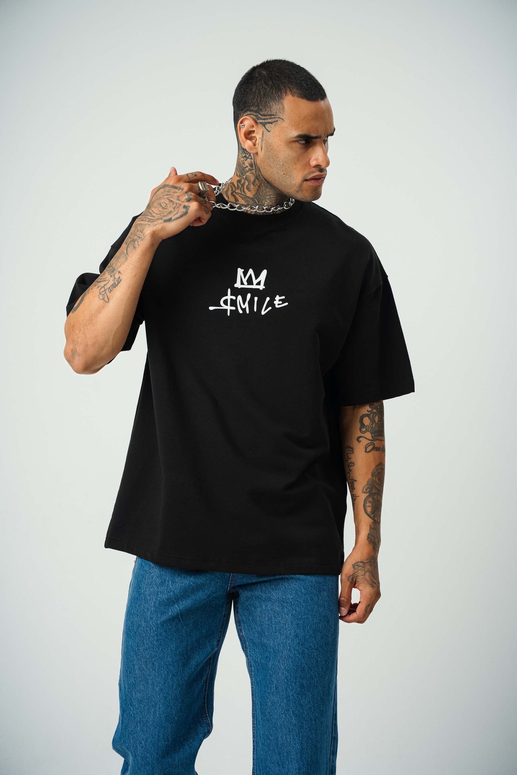 Smile Mickey Baskılı Siyah Oversize T-Shirt