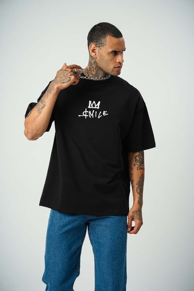 Smile Mickey Baskılı Siyah Oversize T-Shirt