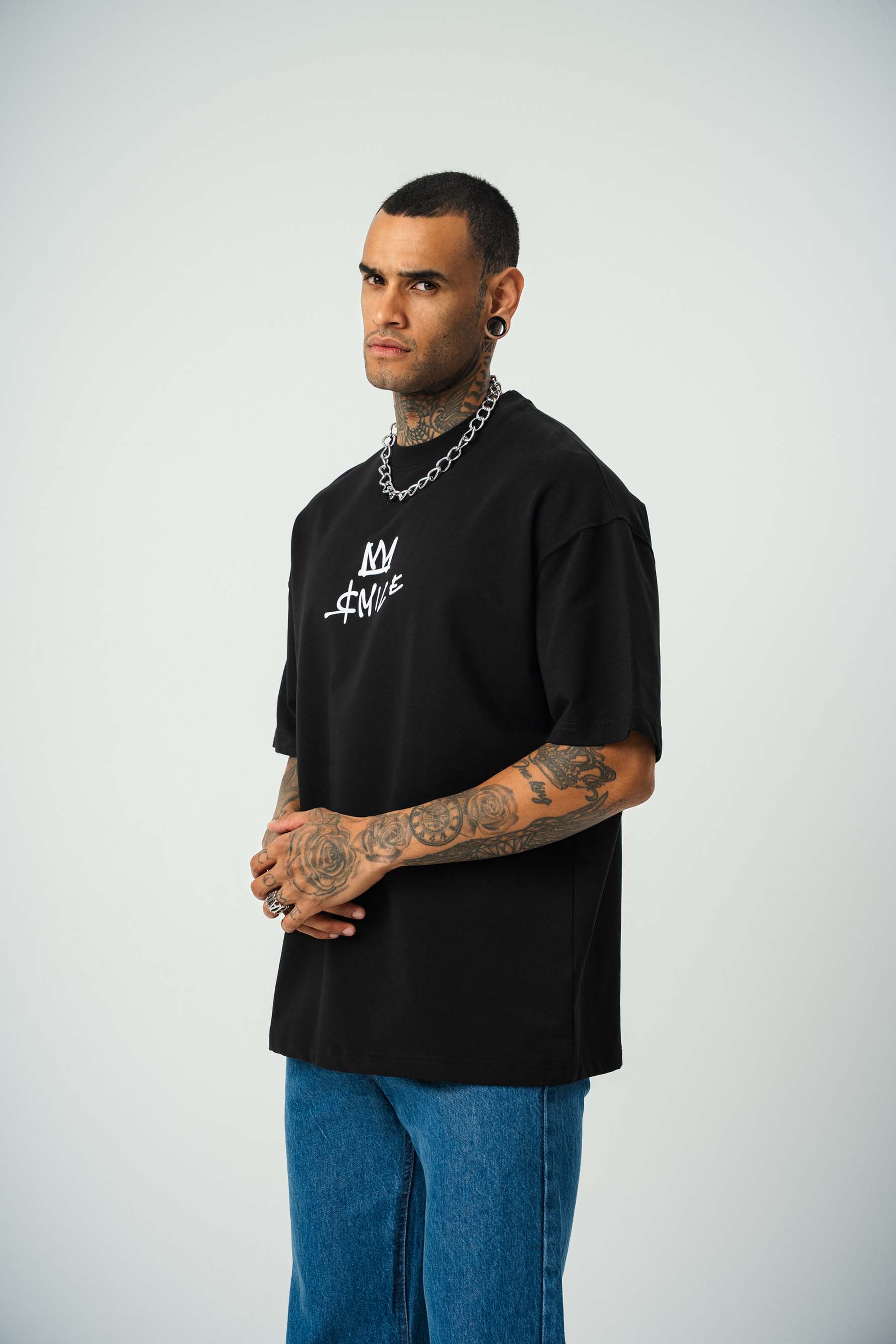 Smile Mickey Baskılı Siyah Oversize T-Shirt