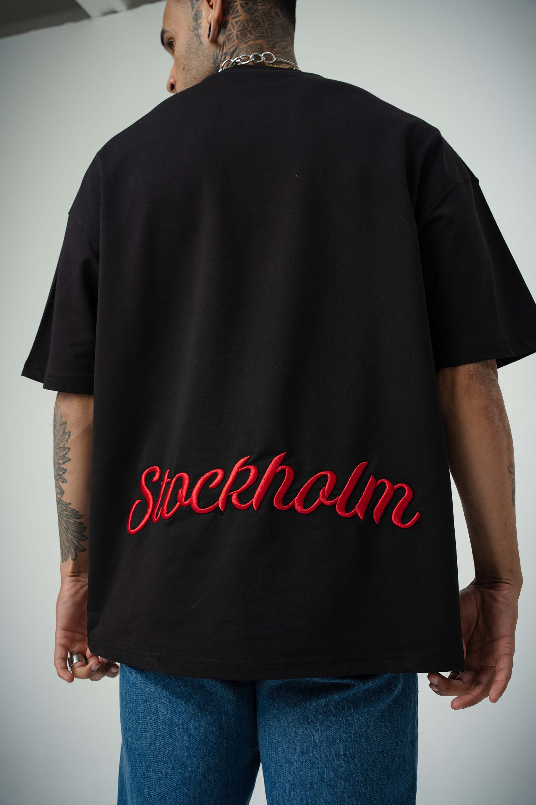 Stockholm Baskılı Siyah Oversize T-Shirt