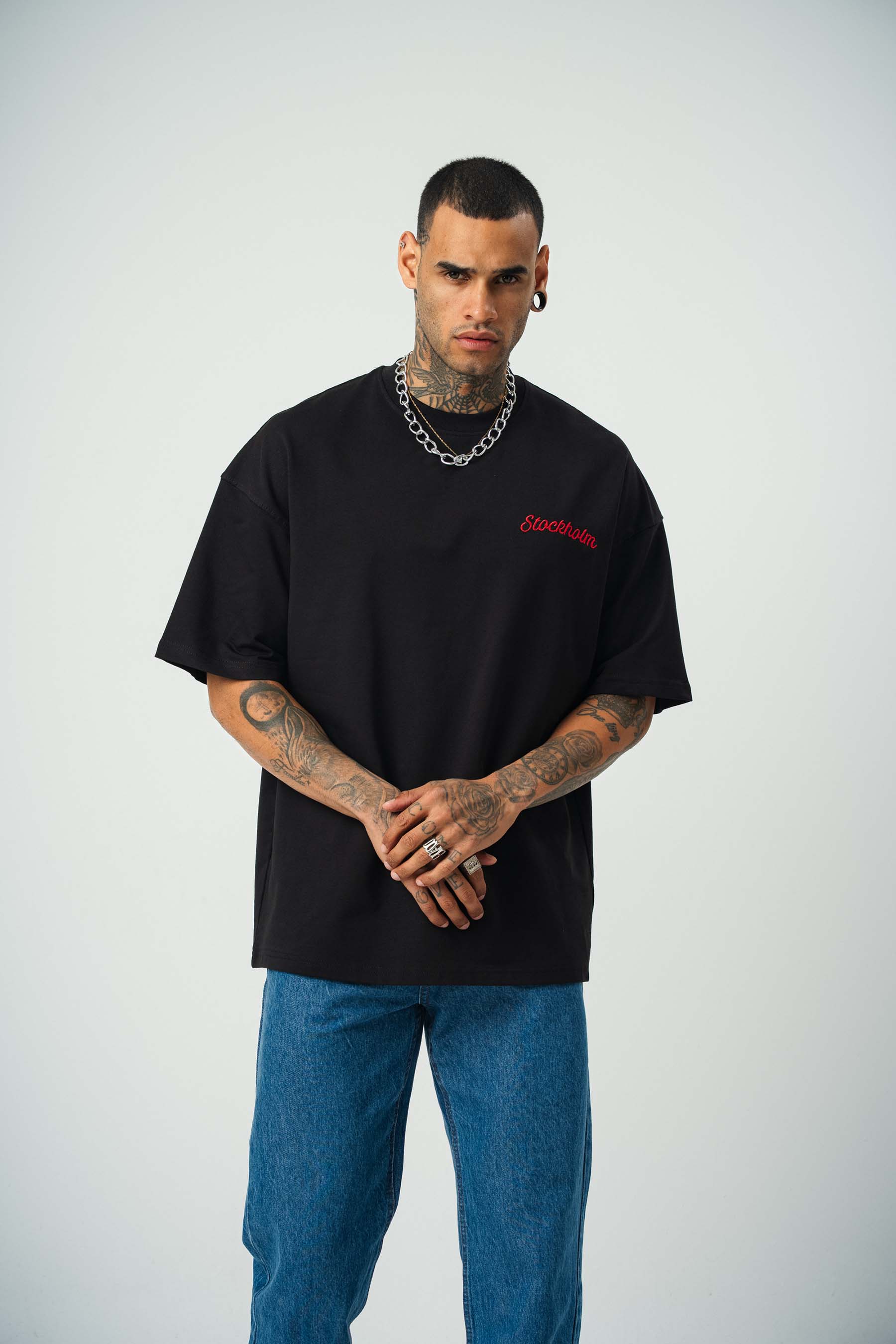 Stockholm Baskılı Siyah Oversize T-Shirt
