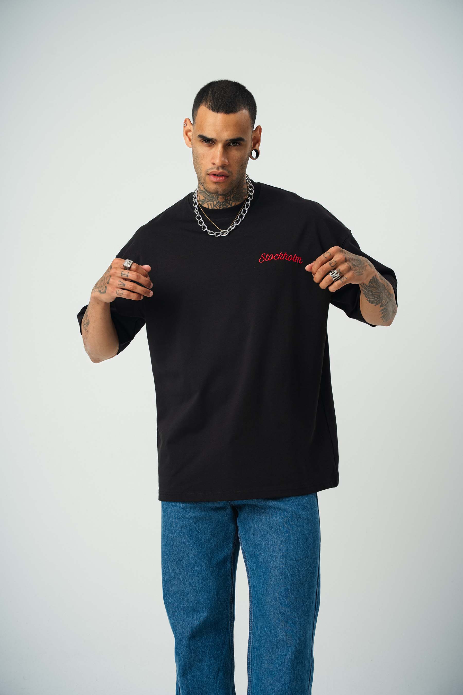Stockholm Baskılı Siyah Oversize T-Shirt