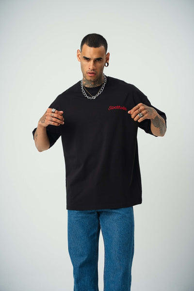 Stockholm Baskılı Siyah Oversize T-Shirt