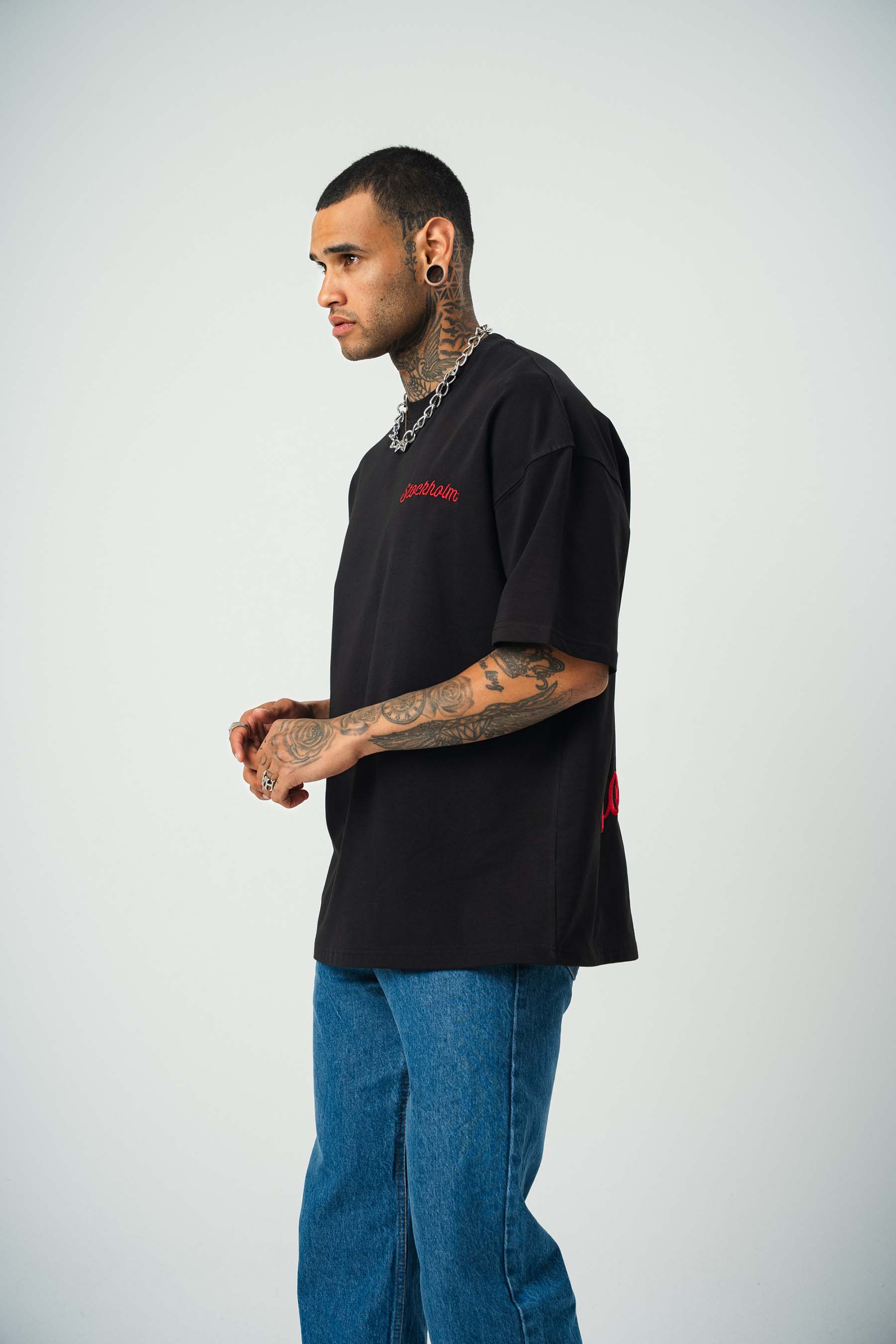 Stockholm Baskılı Siyah Oversize T-Shirt