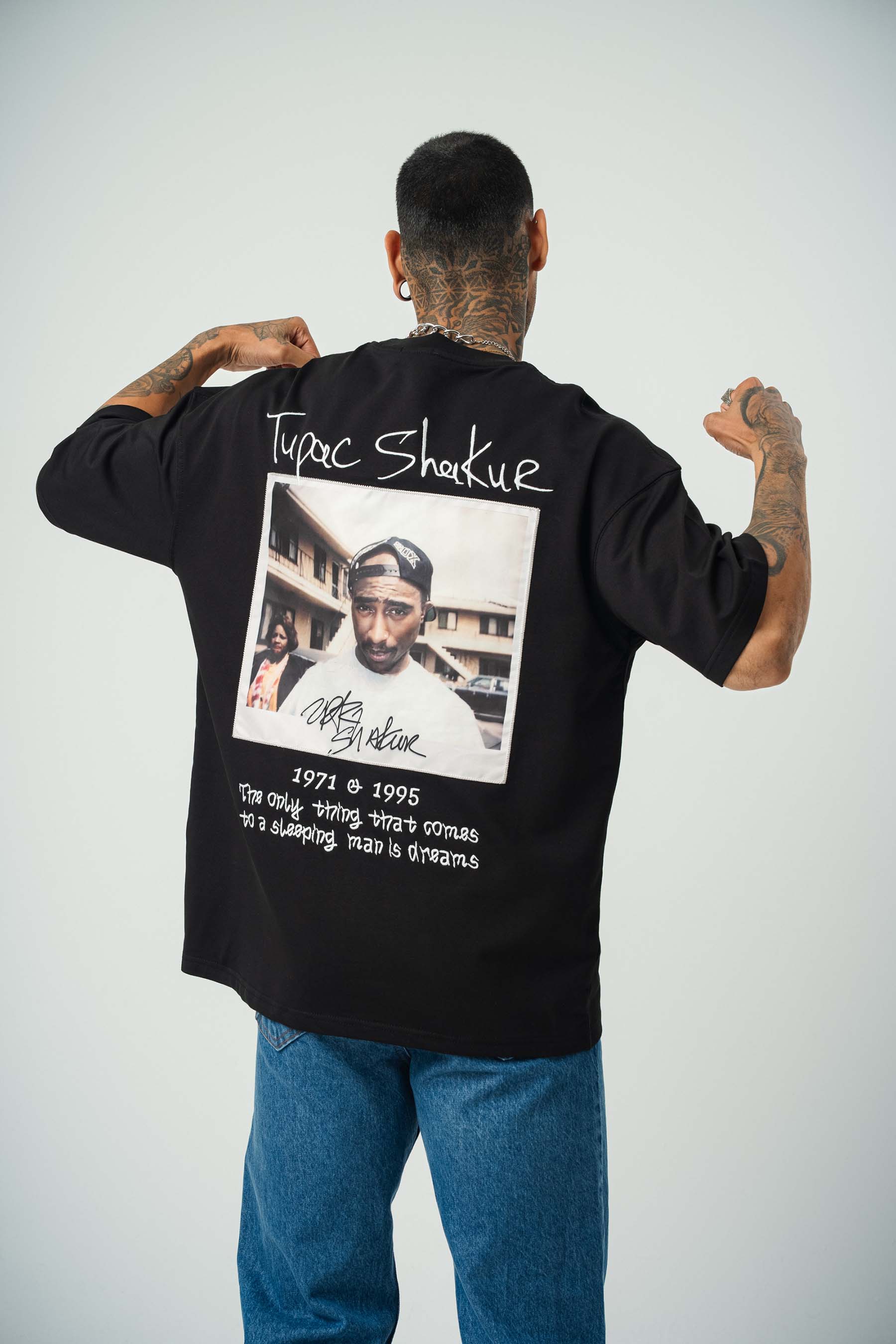 Tupac Shekure Baskılı Siyah Oversize T-Shirt