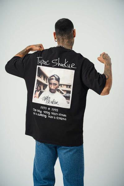 Tupac Shekure Baskılı Siyah Oversize T-Shirt