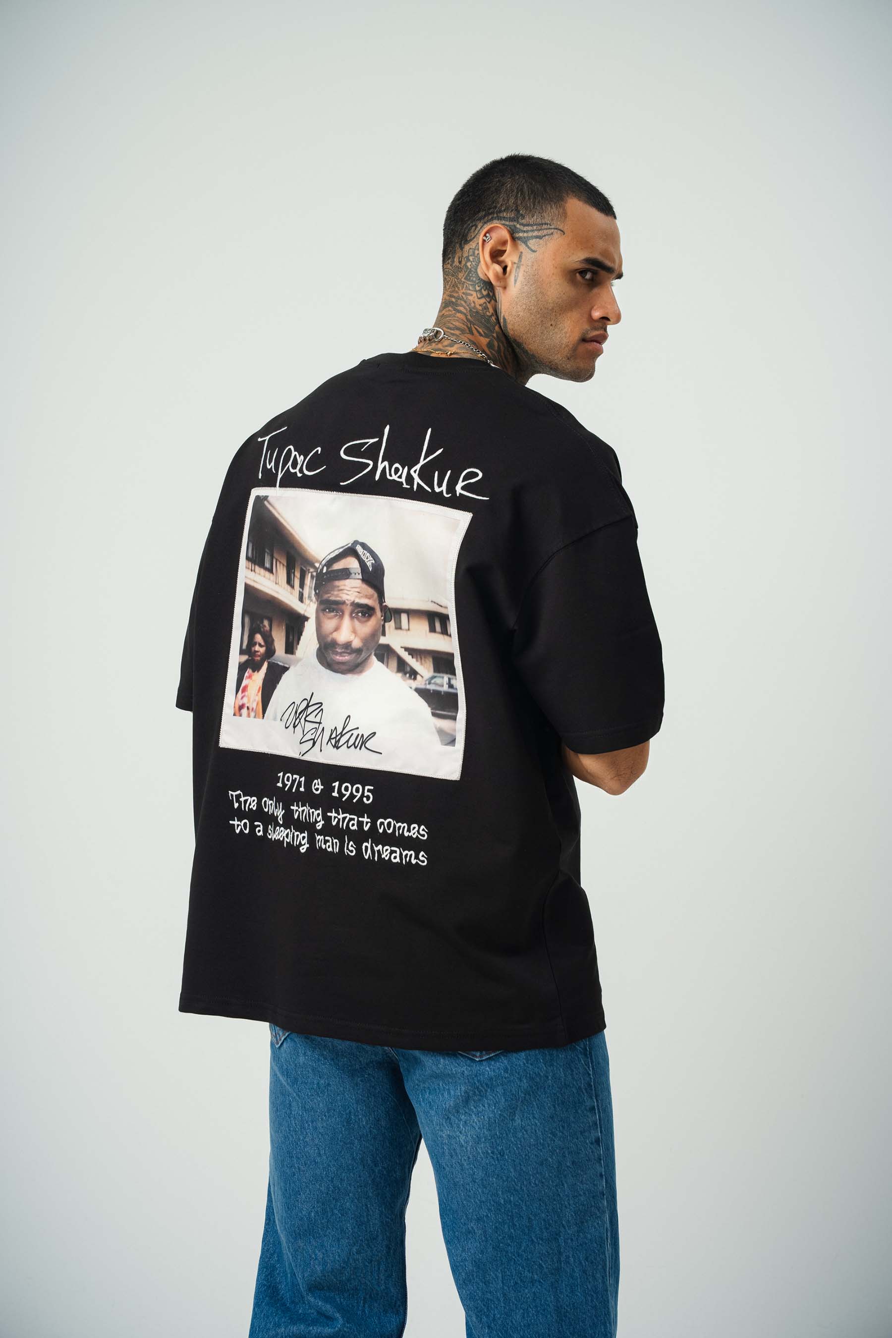 Tupac Shekure Baskılı Siyah Oversize T-Shirt