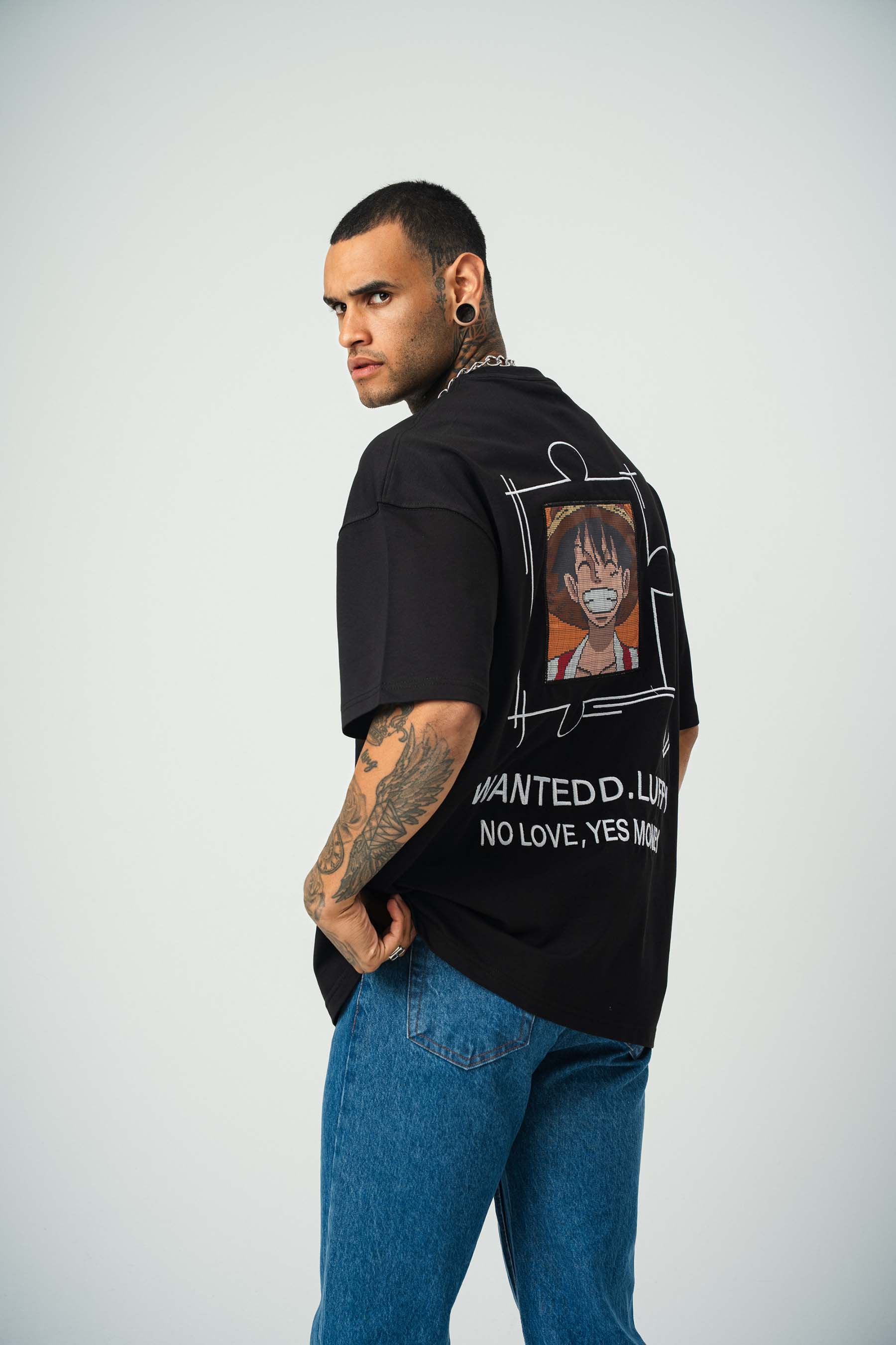 Wanted D.Luffy Baskılı Siyah Oversize T-Shirt