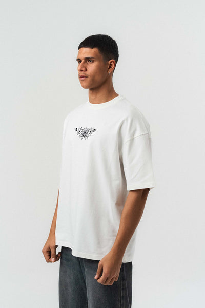 Handmade Sprit Etnik Desenli Nakış Detaylı Beyaz Oversize Baskılı T-Shirt