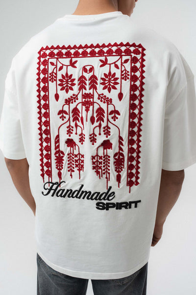 Handmade Sprit Etnik Desenli Nakış Detaylı Beyaz Oversize Baskılı T-Shirt