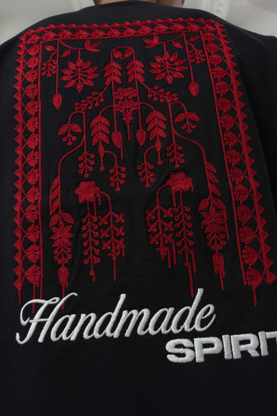 Handmade Sprit Etnik Desenli Nakış Detaylı Siyah Oversize Baskılı T-Shirt