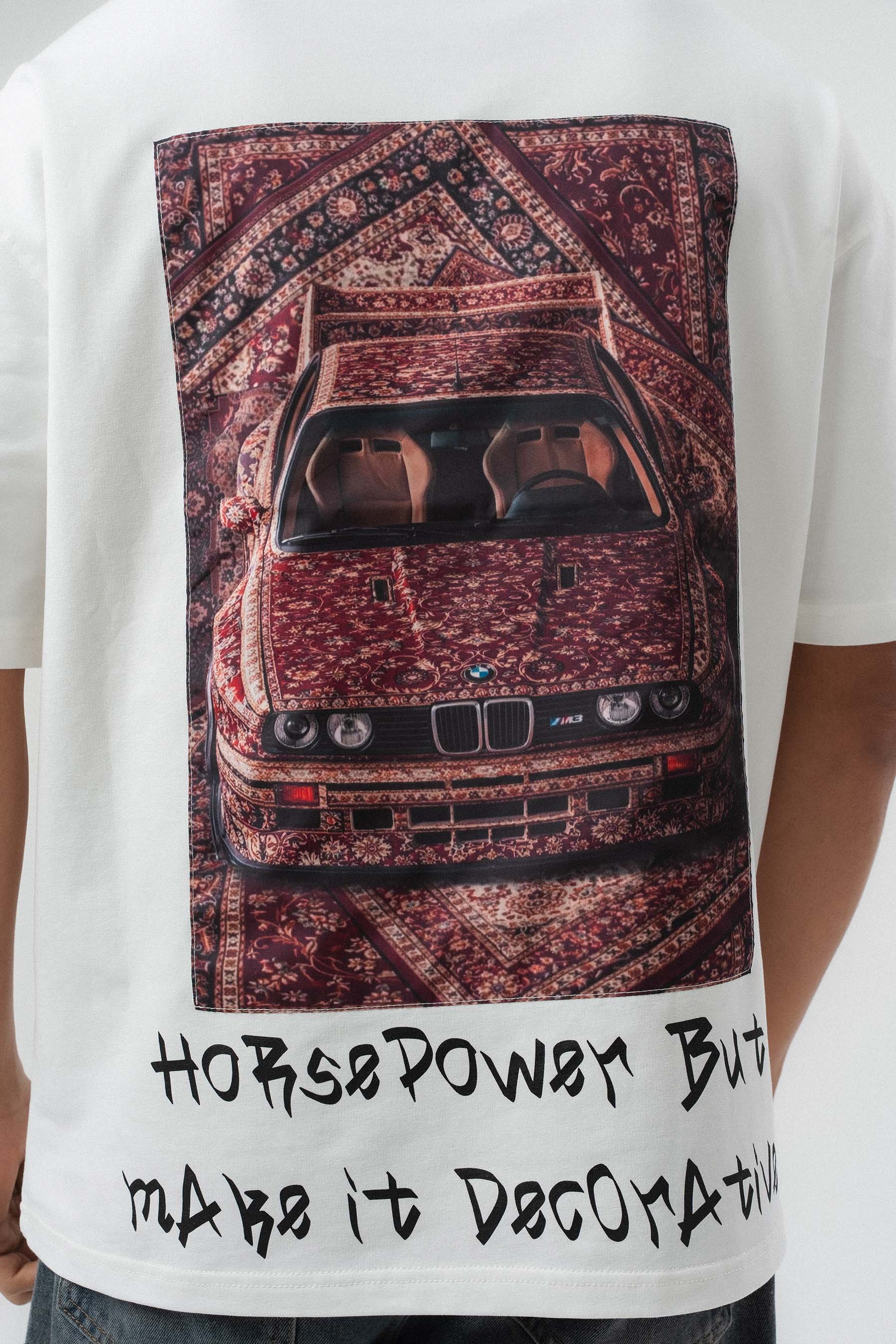 Horsepower Dekoratif Araba Baskılı Beyaz Oversize Baskılı T-Shirt