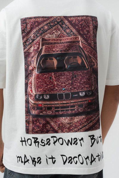 Horsepower Dekoratif Araba Baskılı Beyaz Oversize Baskılı T-Shirt