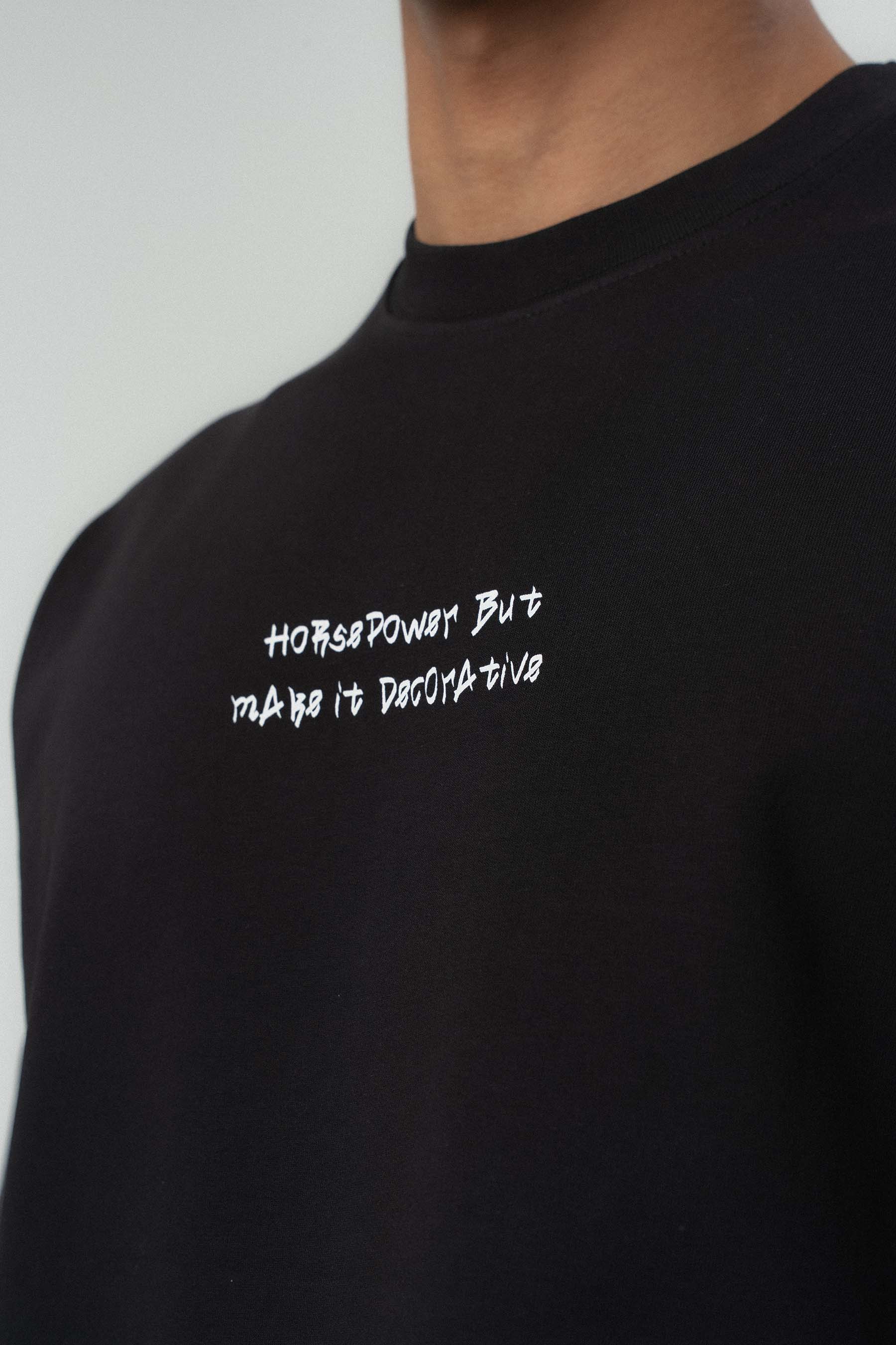 Horsepower Dekoratif Araba Baskılı Siyah Oversize Baskılı T-Shirt