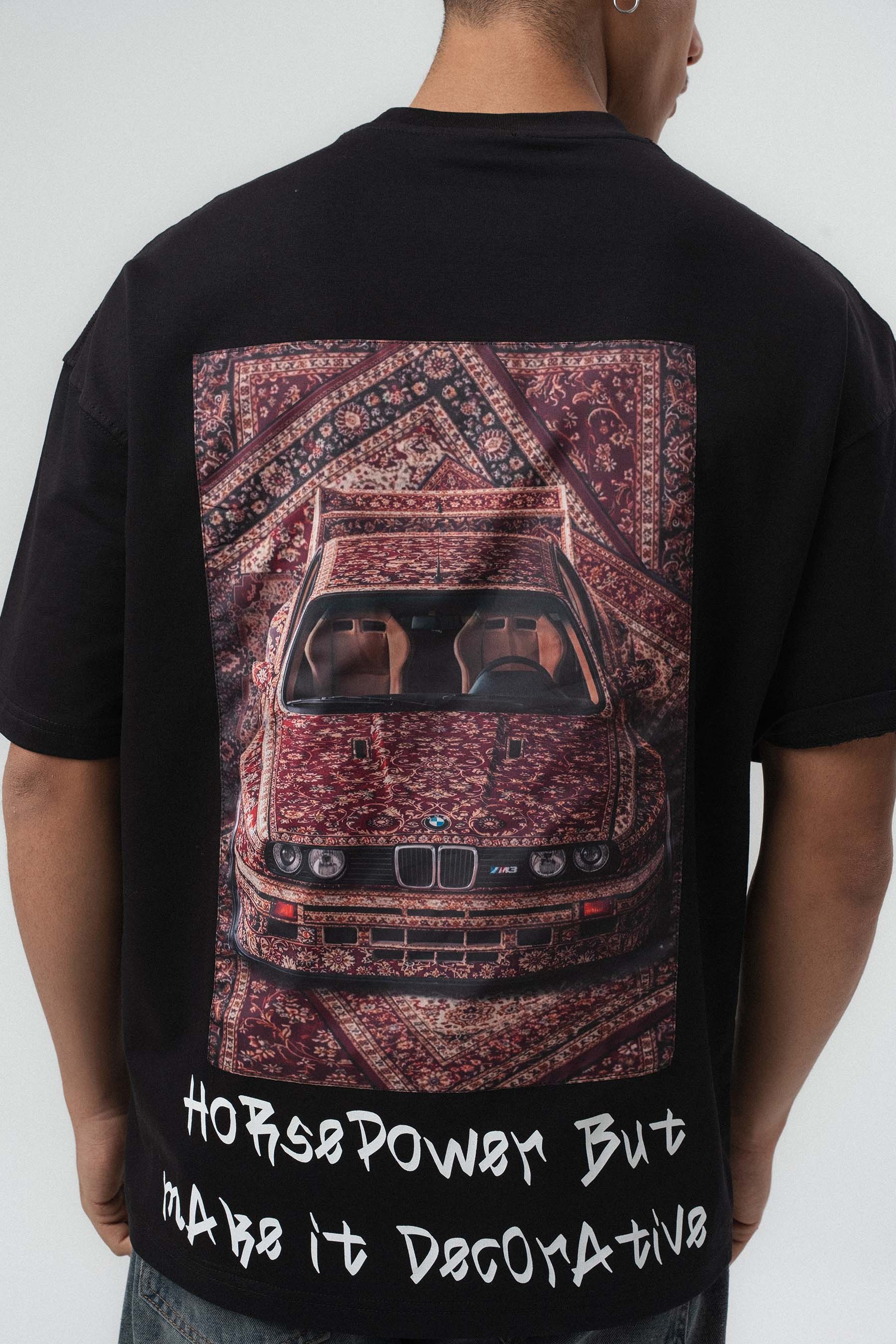 Horsepower Dekoratif Araba Baskılı Siyah Oversize Baskılı T-Shirt