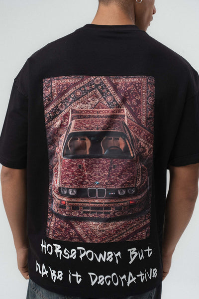Horsepower Dekoratif Araba Baskılı Siyah Oversize Baskılı T-Shirt