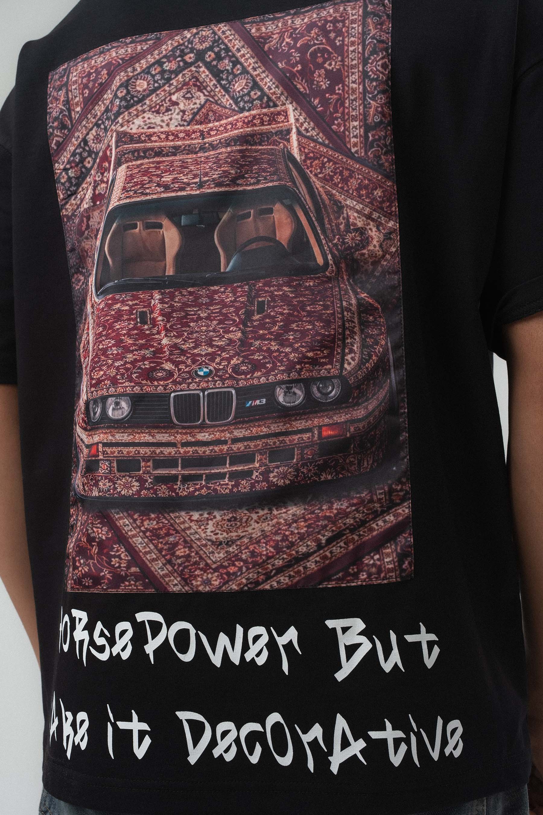 Horsepower Dekoratif Araba Baskılı Siyah Oversize Baskılı T-Shirt