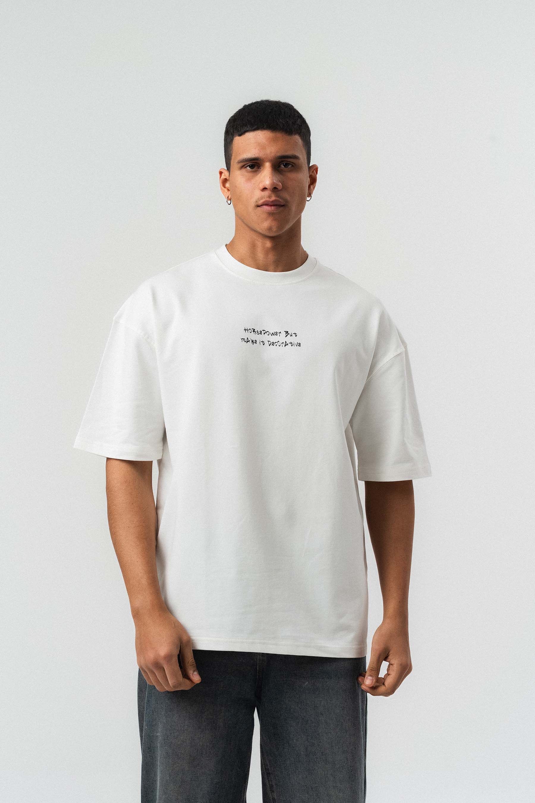 Horsepower Dekoratif Araba Baskılı Beyaz Oversize Baskılı T-Shirt